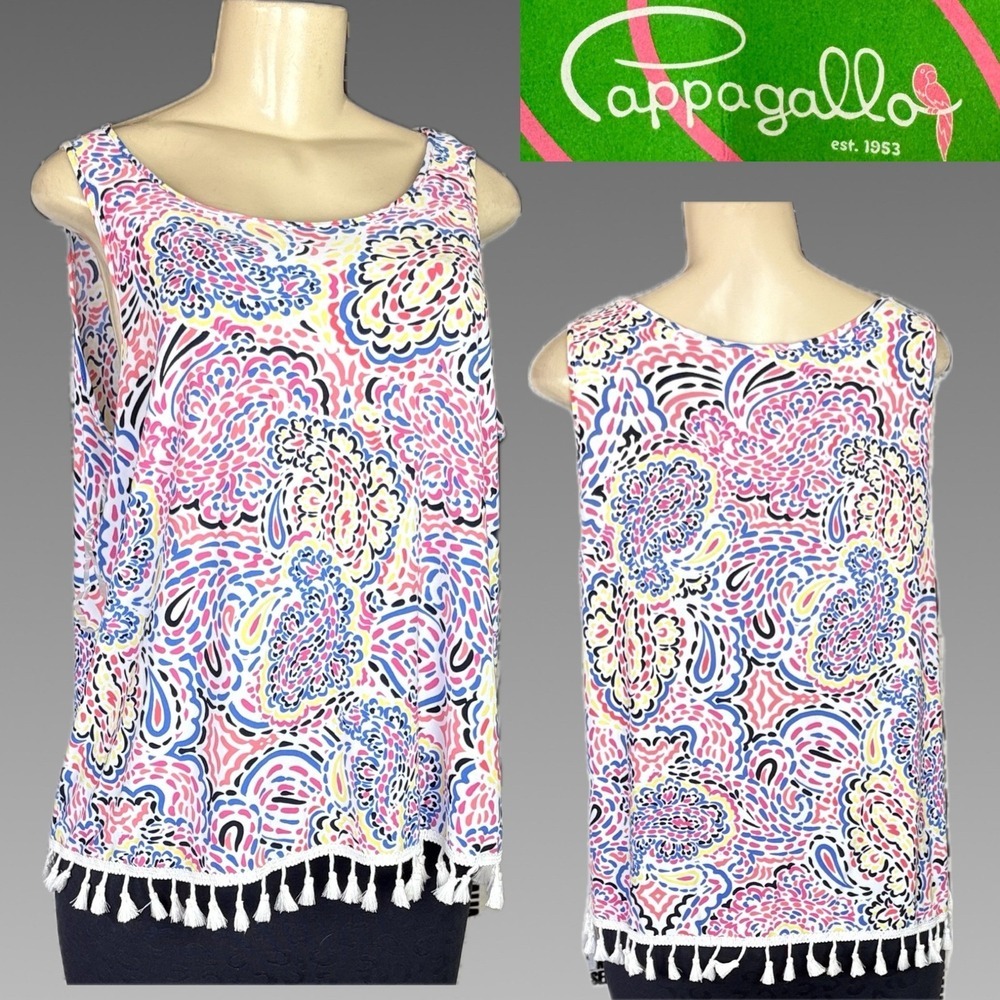 Cappagallo L Tropical Pink Multi Paisley Scoop Neck Tassel Fringe Hem Tank Top